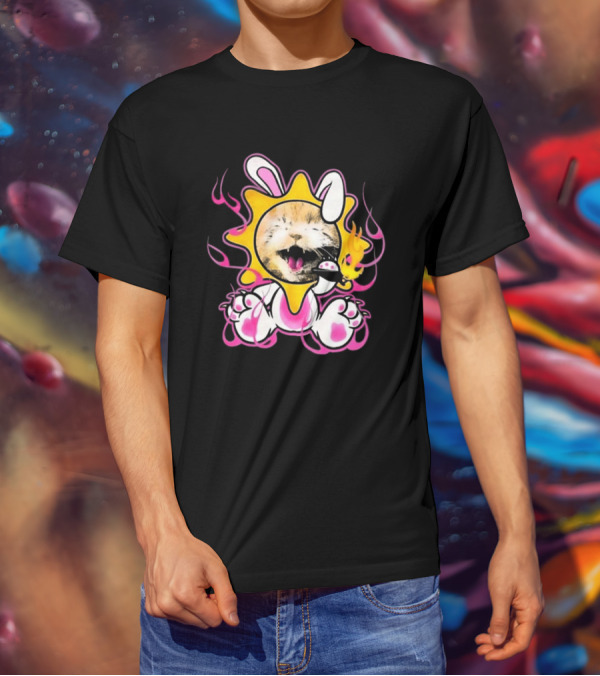 Praiseche Cat Sunburst Bunny Ears Pink Flames T-Shirt