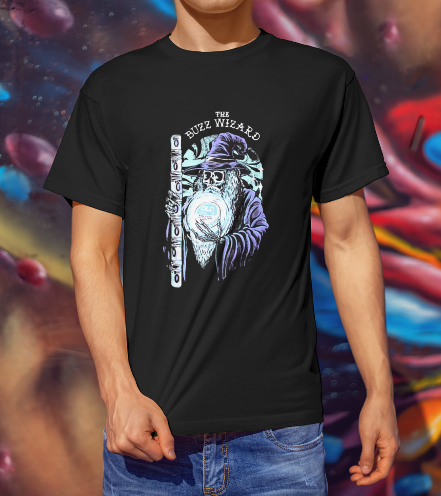 The Buzz Wizard Holding Old Row Branded Magic Orb And Staff T-Shirt