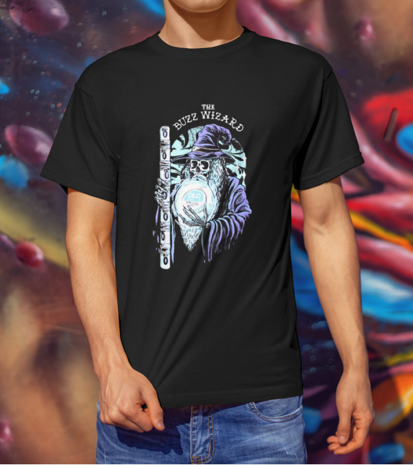 The Buzz Wizard Holding Old Row Branded Magic Orb And Staff T-Shirt