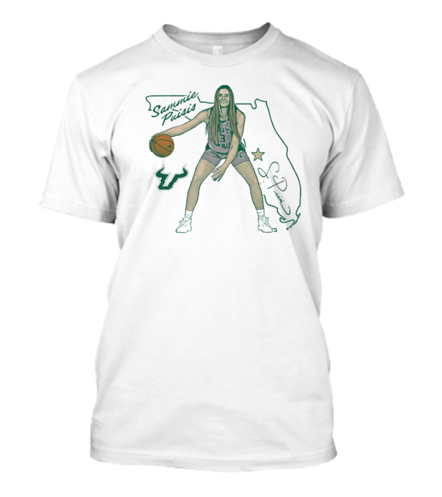 Sammie Puisis South Florida Bulls Basketball Cartoon Signature Florida Map Star T-Shirt