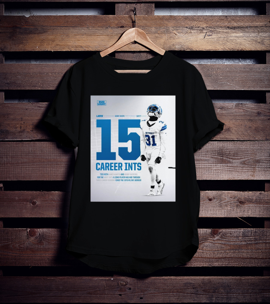 Detroit Lions Kerby Joseph 15 Career INTs Tied With James Hunter And Bobby Watkins Most INTs Since 1970 AFL-NFL Merger T-Shirt
