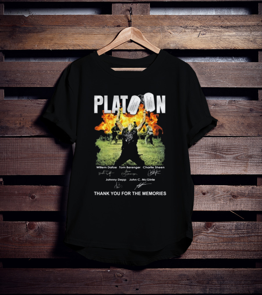 Platoon Thank You For The Memories Signatures Willem Dafoe Tom Berenger Charlie Sheen Johnny Depp John C. McGinley T-Shirt