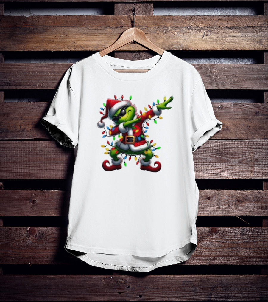 Santa Grinch Dabbing Festive Lights Merry Christmas T-Shirt