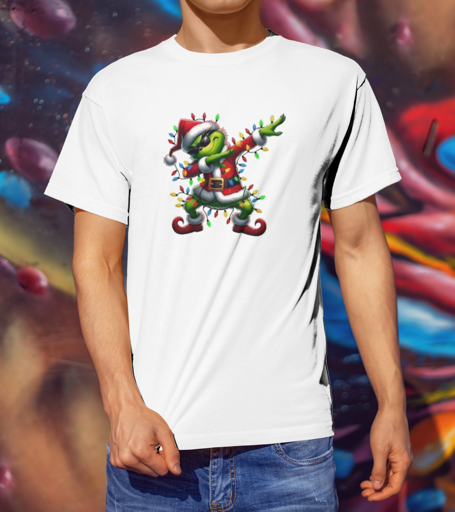 Santa Grinch Dabbing Festive Lights Merry Christmas T-Shirt