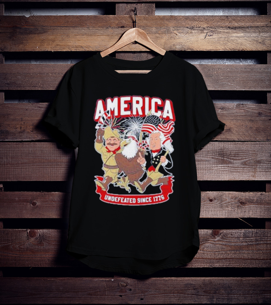 America Undefeated Since 1776 Patriotic Imagery With Eagle Fireworks Flags T-Shirt