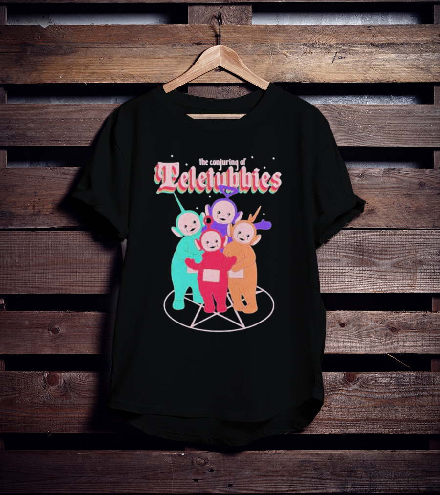 The Conjuring Of Teletubbies On Pentagram Background T-Shirt