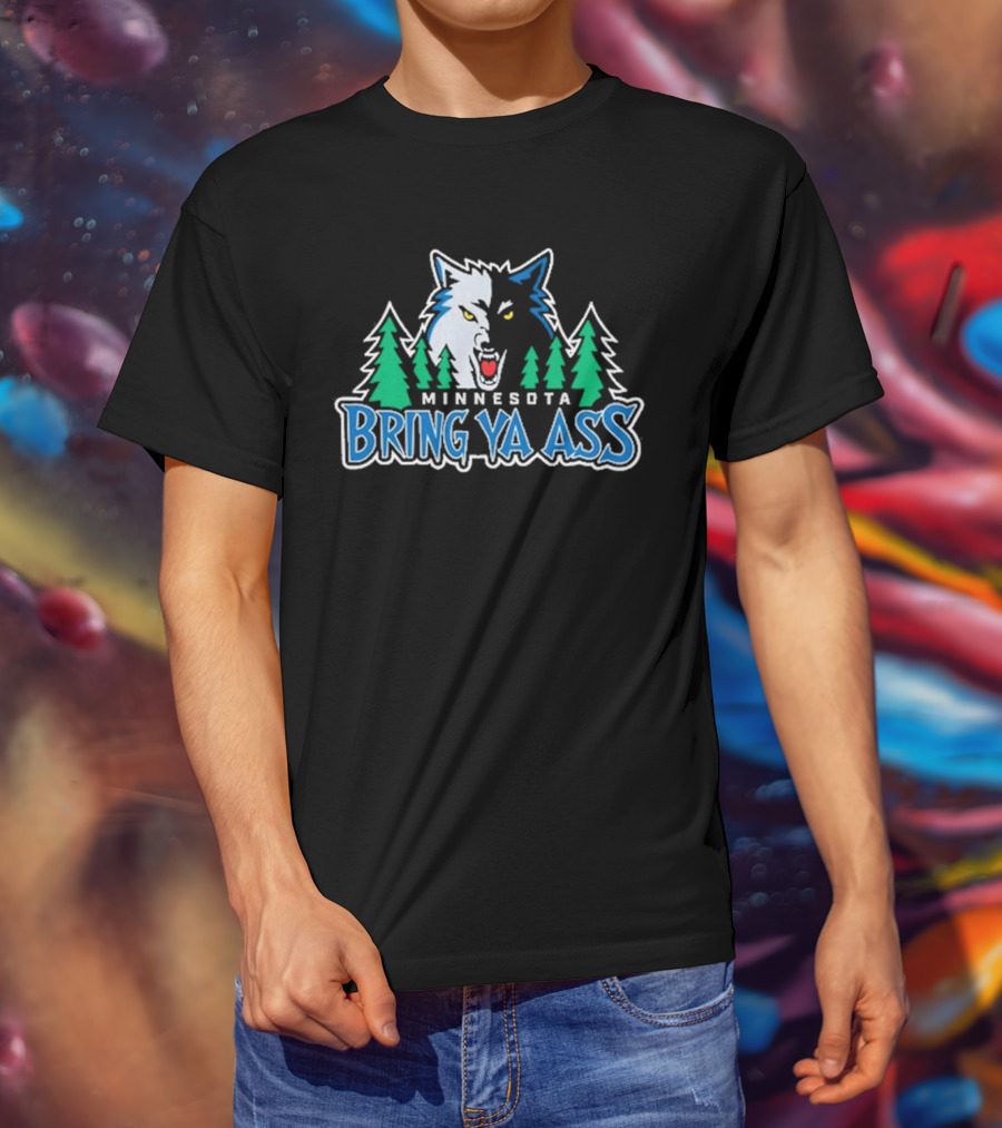 Minnesota Bring Ya Ass Wolf Logo With Trees T-Shirt