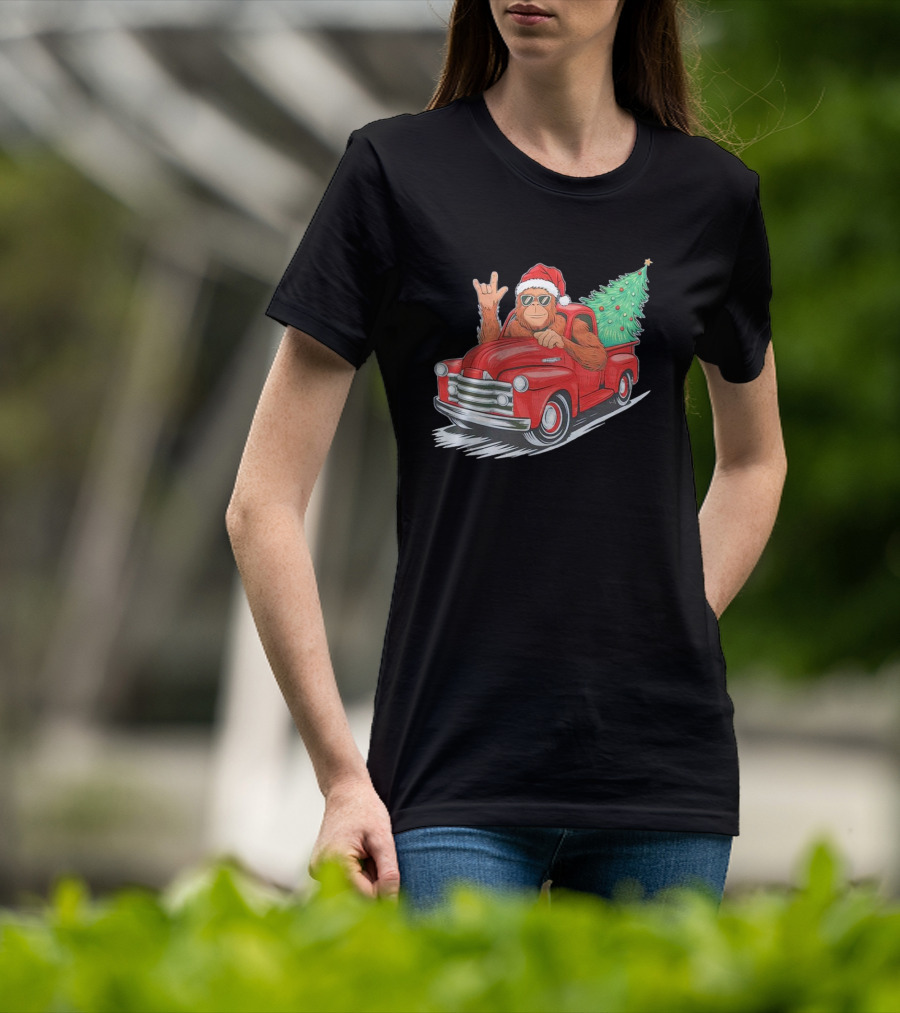 Bigfoot Rock On Santa Hat Christmas Tree Driving Red Truck T-Shirt