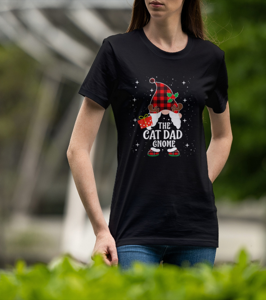 The Cat Dad Gnome Buffalo Plaid Christmas Pajama Matching Family T-Shirt
