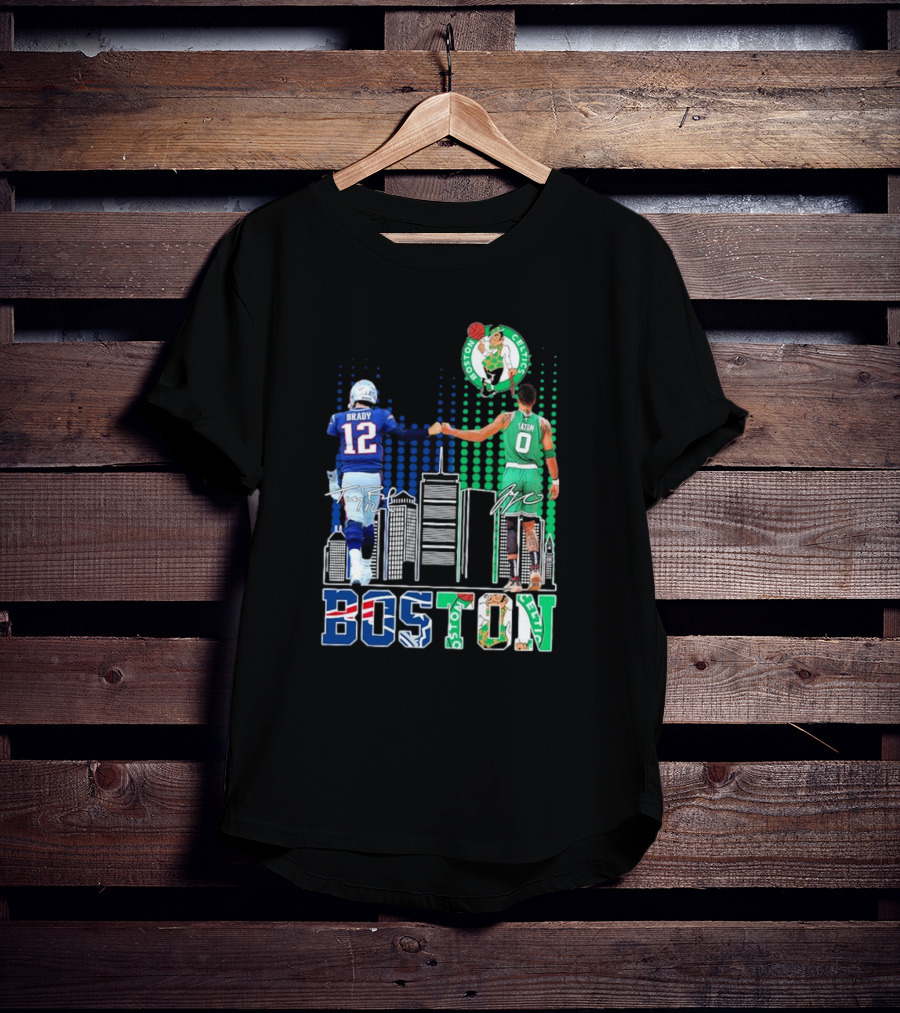 Boston Patriots And Celtics Skyline Featuring Tom Brady And Jayson Tatum Signatures T-Shirt