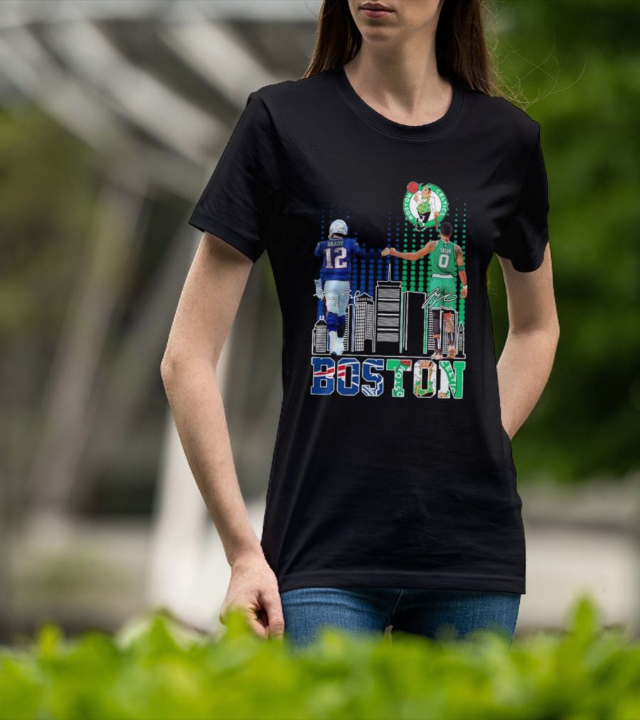 Boston Patriots And Celtics Skyline Featuring Tom Brady And Jayson Tatum Signatures T-Shirt