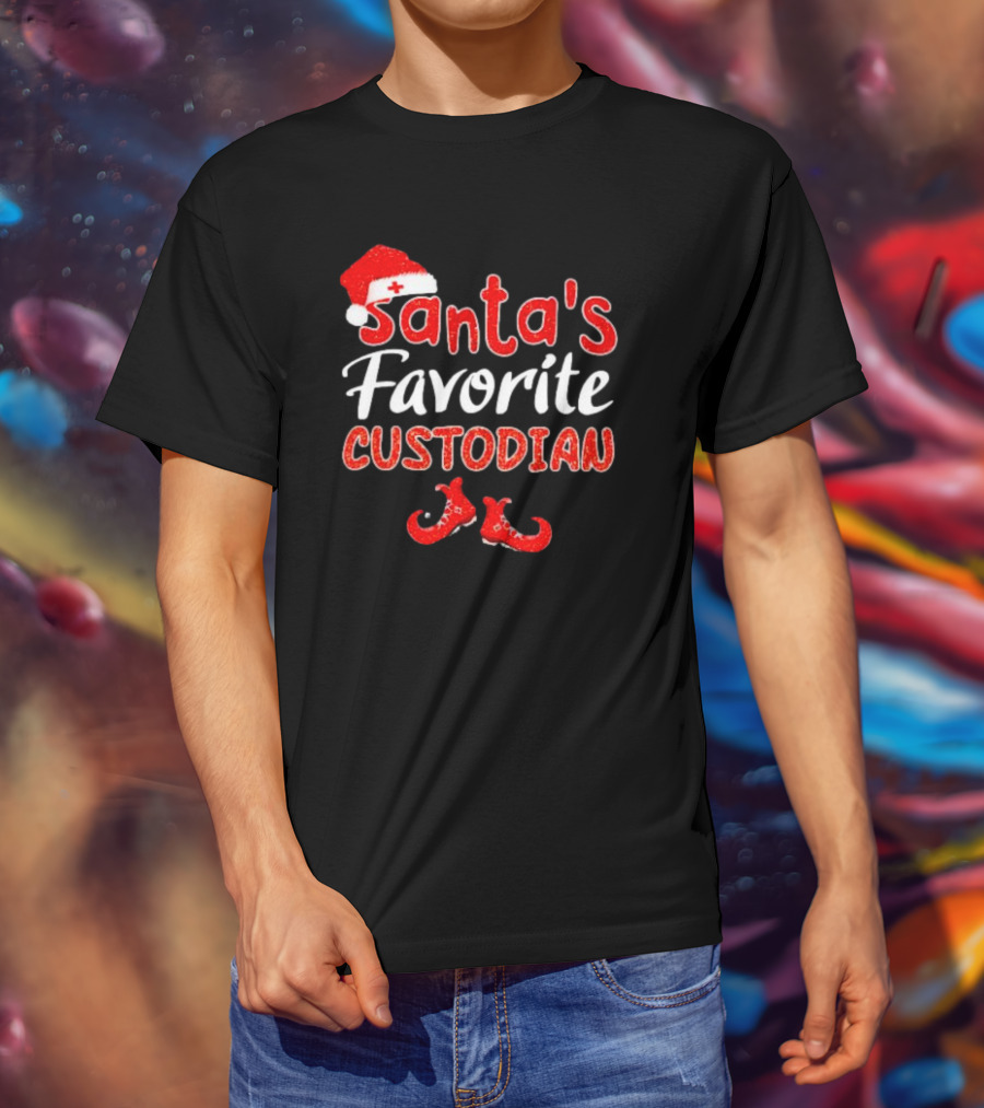 Santa's Favorite Custodian Festive Holiday Santa Hat And Elf Shoes T-Shirt
