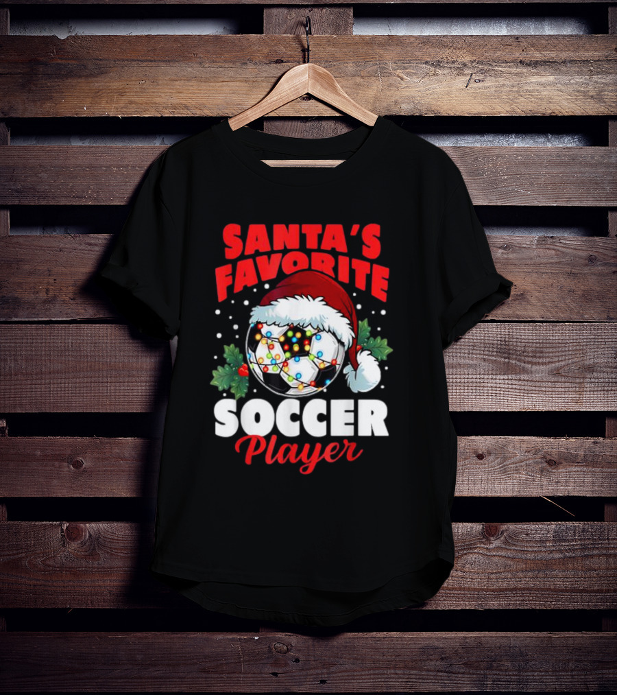 Santa's Favorite Soccer Player Christmas Pajama Xmas Soccer Ball And Santa Hat T-Shirt