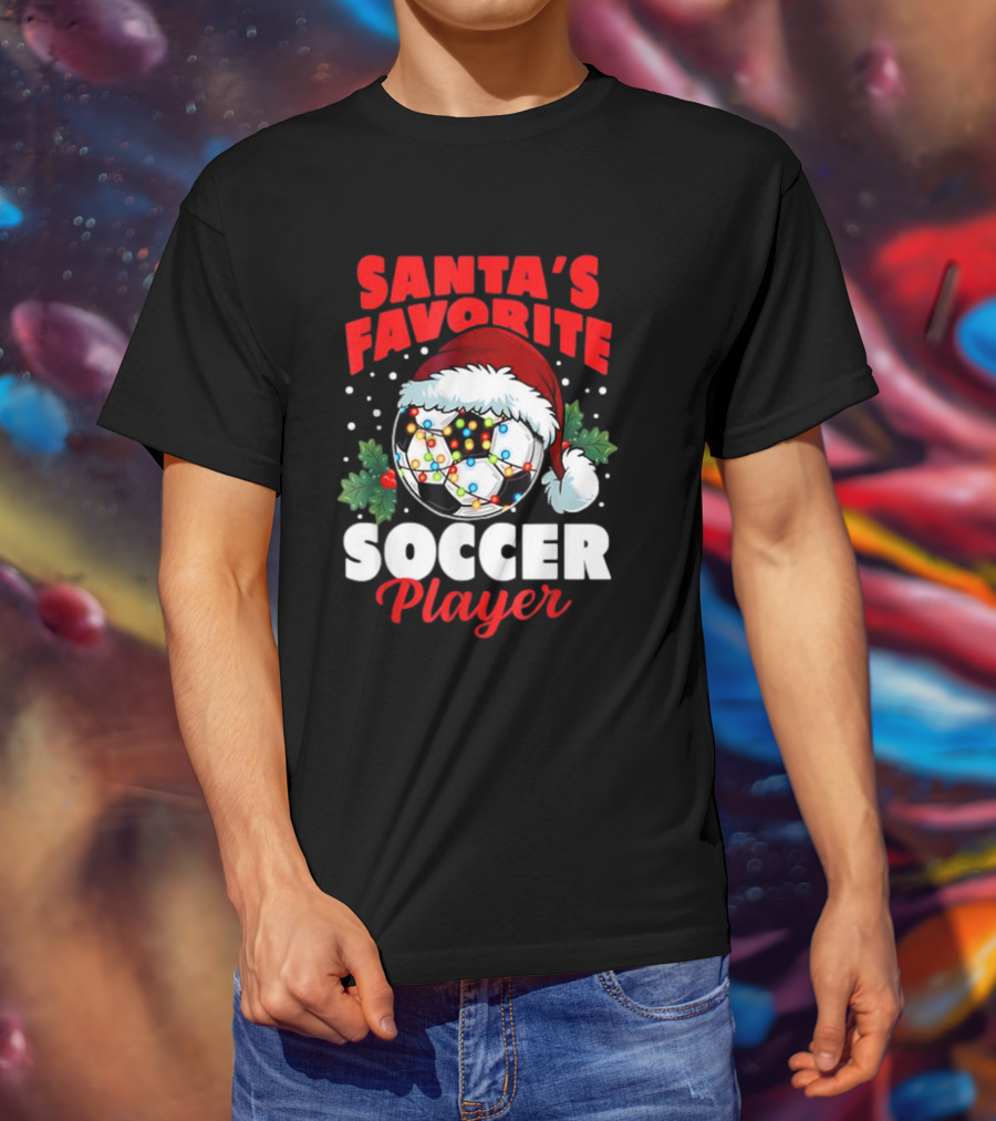 Santa's Favorite Soccer Player Christmas Pajama Xmas Soccer Ball And Santa Hat T-Shirt