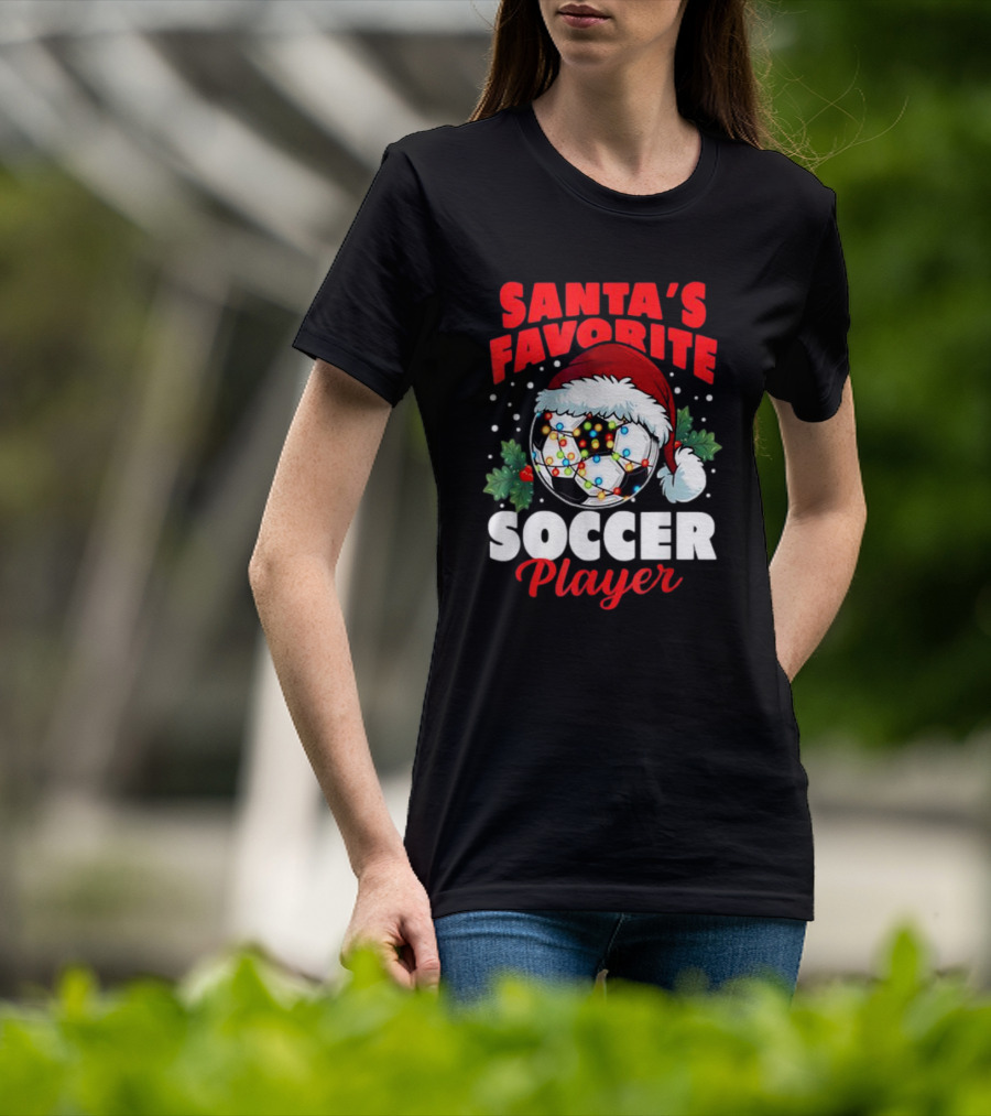 Santa's Favorite Soccer Player Christmas Pajama Xmas Soccer Ball And Santa Hat T-Shirt