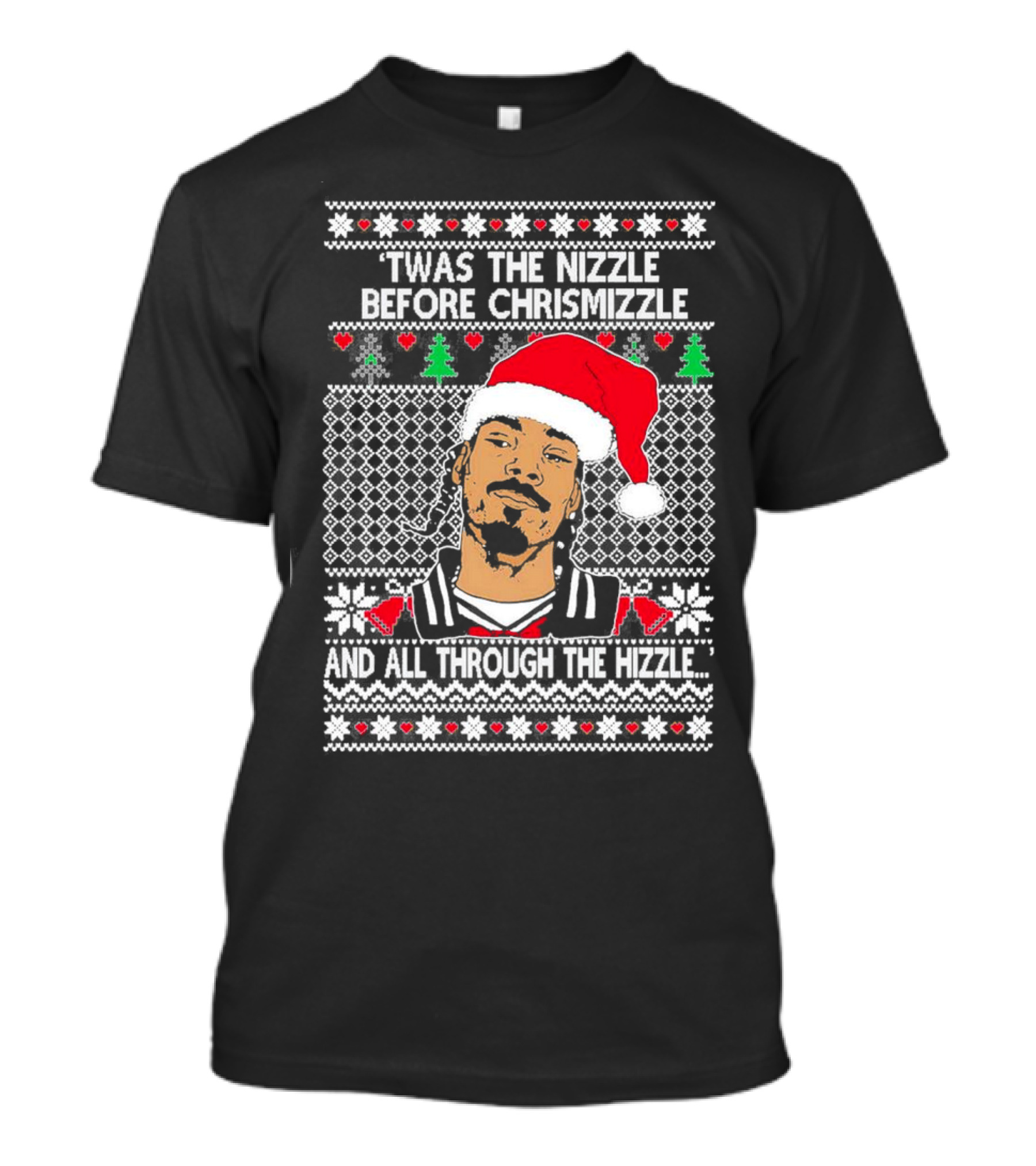 Snoop Dogg Twas The Nizzle Before Chrismizzle Santa Hat Pattern Christmas T-Shirt