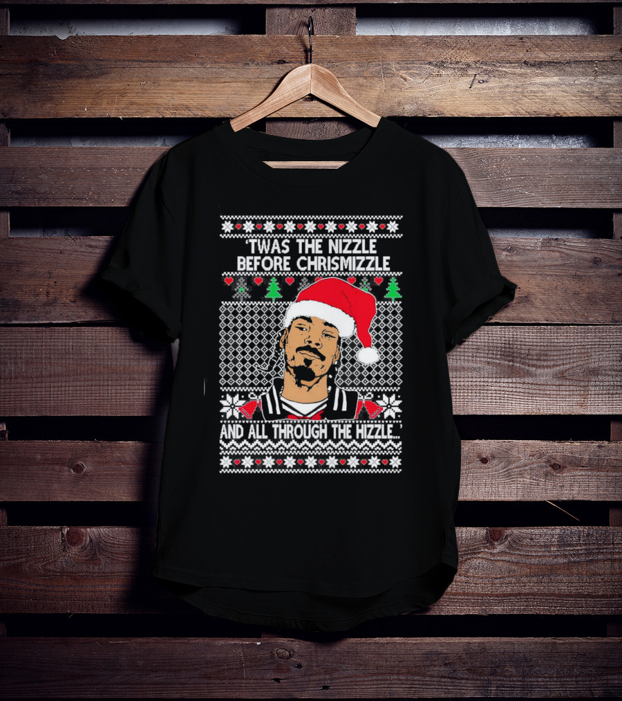 Snoop Dogg Twas The Nizzle Before Chrismizzle Santa Hat Pattern Christmas T-Shirt