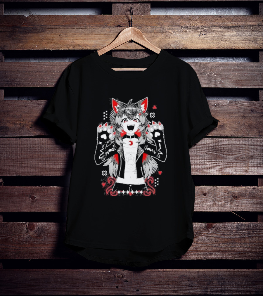 Kiba Nanobites Paws Up Anime Wolf Character With Red And White Details T-Shirt