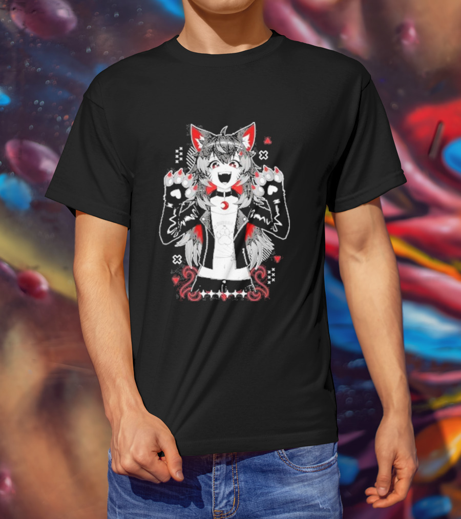 Kiba Nanobites Paws Up Anime Wolf Character With Red And White Details T-Shirt