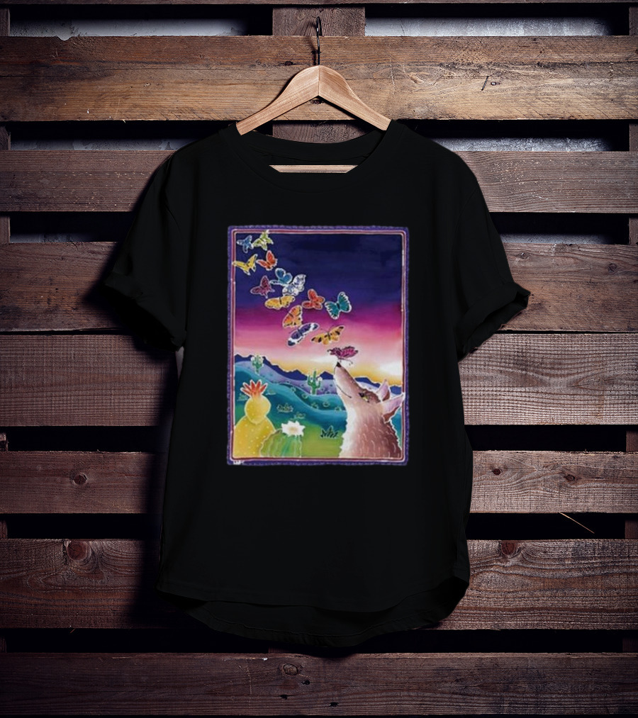 Jimmorris Smiles At Nature’s Wonders Colorful Desert Landscape With Coyote And Butterflies T-Shirt