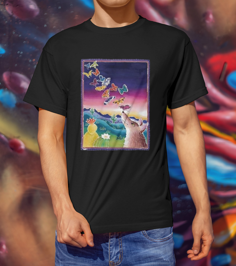 Jimmorris Smiles At Nature’s Wonders Colorful Desert Landscape With Coyote And Butterflies T-Shirt