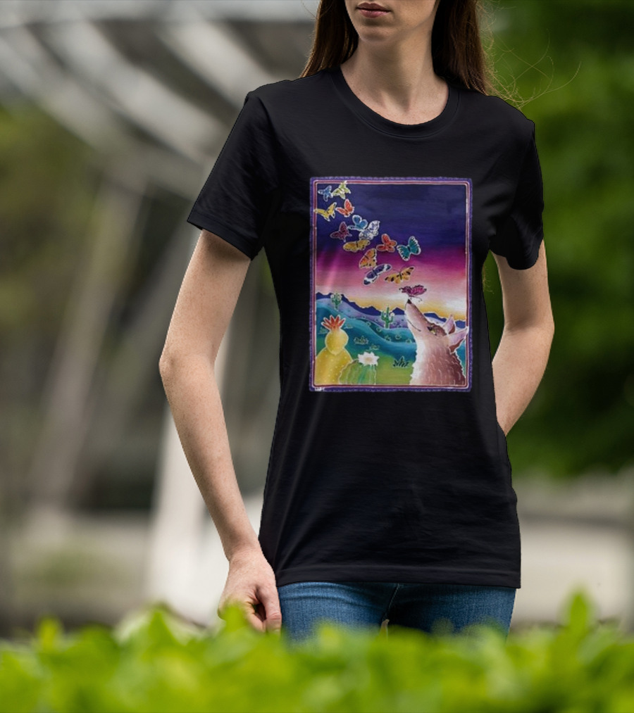 Jimmorris Smiles At Nature’s Wonders Colorful Desert Landscape With Coyote And Butterflies T-Shirt