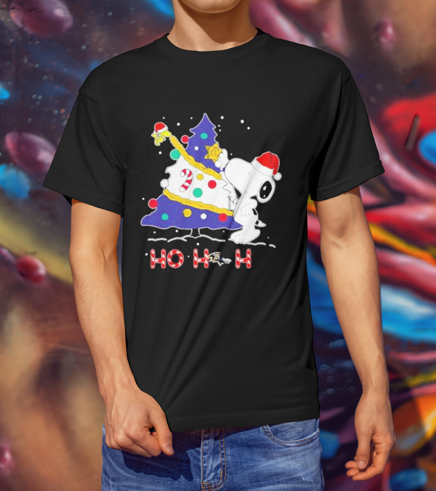 Ho Ho Ho Snoopy Woodstock Christmas Tree Baltimore Ravens T-Shirt