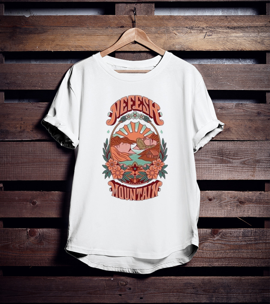 Nefesh Mountain Sunrise Scene With Cabin And Flowers T-Shirt