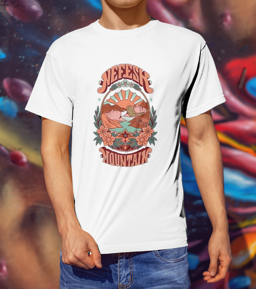 Nefesh Mountain Sunrise Scene With Cabin And Flowers T-Shirt