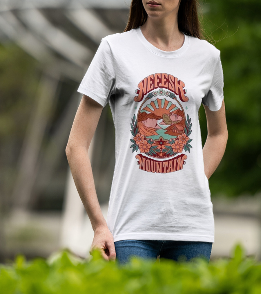 Nefesh Mountain Sunrise Scene With Cabin And Flowers T-Shirt