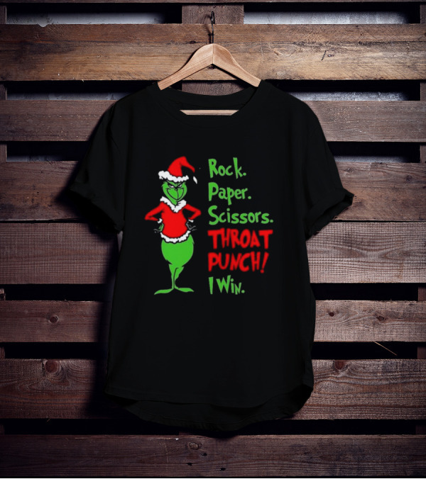 Grinch Rock Paper Scissors Throat Punch I Win Merry Christmas T-Shirt