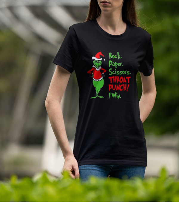 Grinch Rock Paper Scissors Throat Punch I Win Merry Christmas T-Shirt