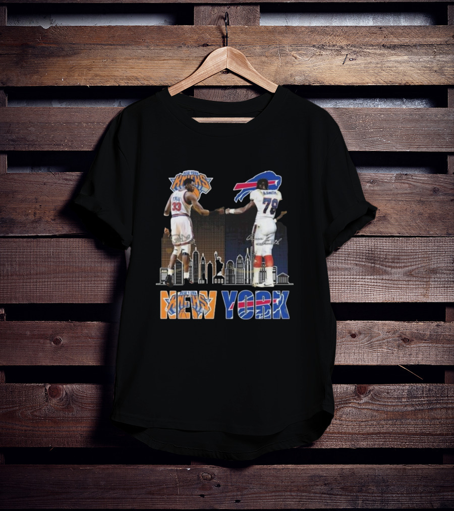 New York Knicks Buffalo Bills Cityscape Collaboration With Ewing And Smith Signatures T-Shirt