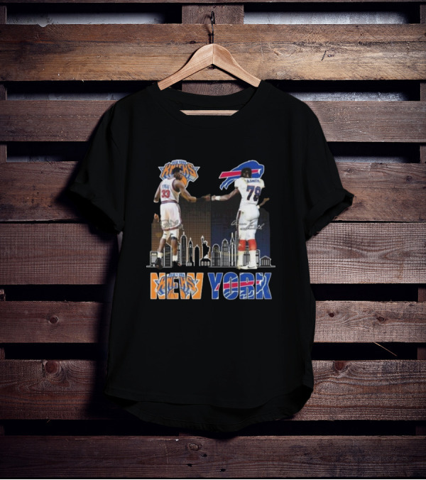 New York Knicks Buffalo Bills Cityscape Collaboration With Ewing And Smith Signatures T-Shirt