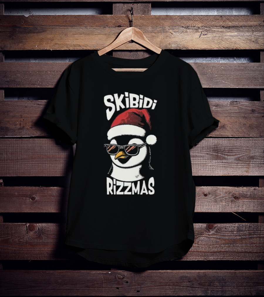 Skibidi Rizzmas Christmas Penguin With Santa Hat And Sunglasses T-Shirt