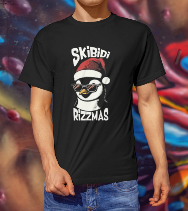Skibidi Rizzmas Christmas Penguin With Santa Hat And Sunglasses T-Shirt