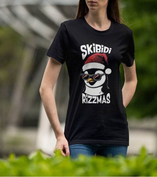 Skibidi Rizzmas Christmas Penguin With Santa Hat And Sunglasses T-Shirt