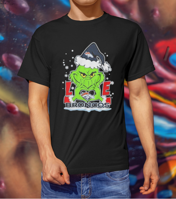 The Grinch Love Denver Broncos Christmas Football T-Shirt