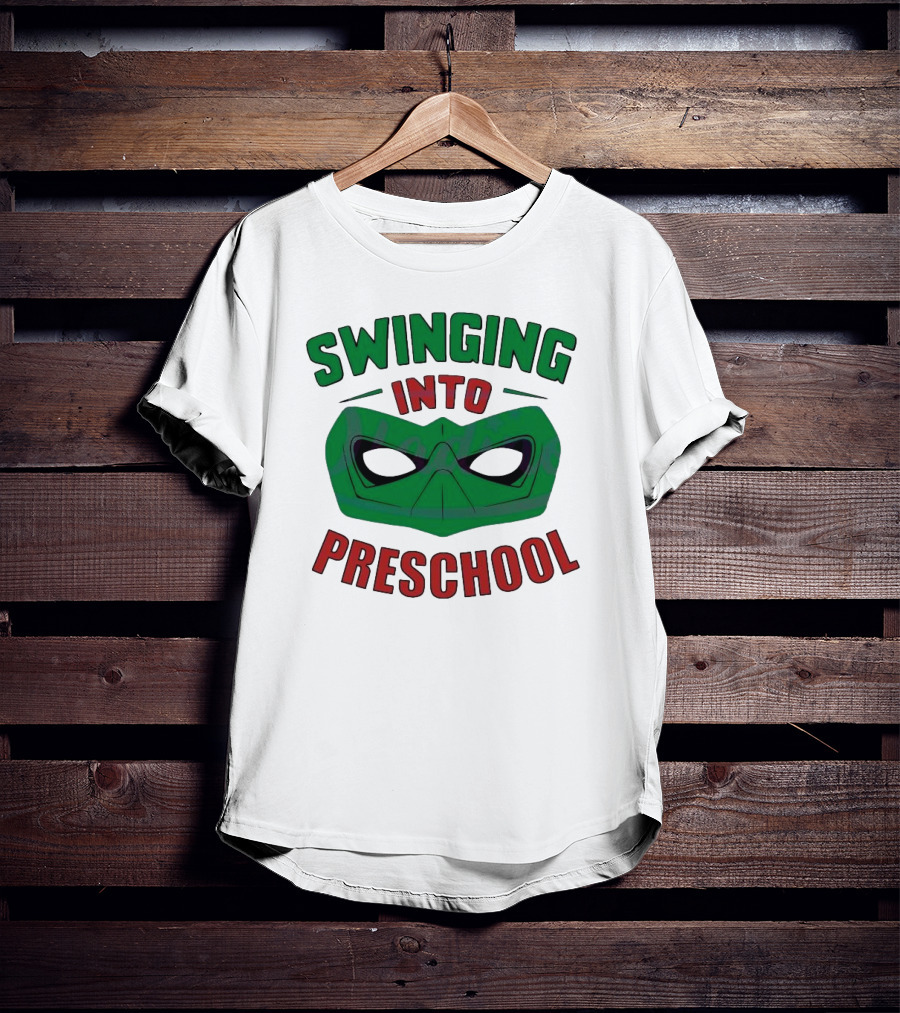 Swinging Into Preschool Green Superhero Mask T-Shirt
