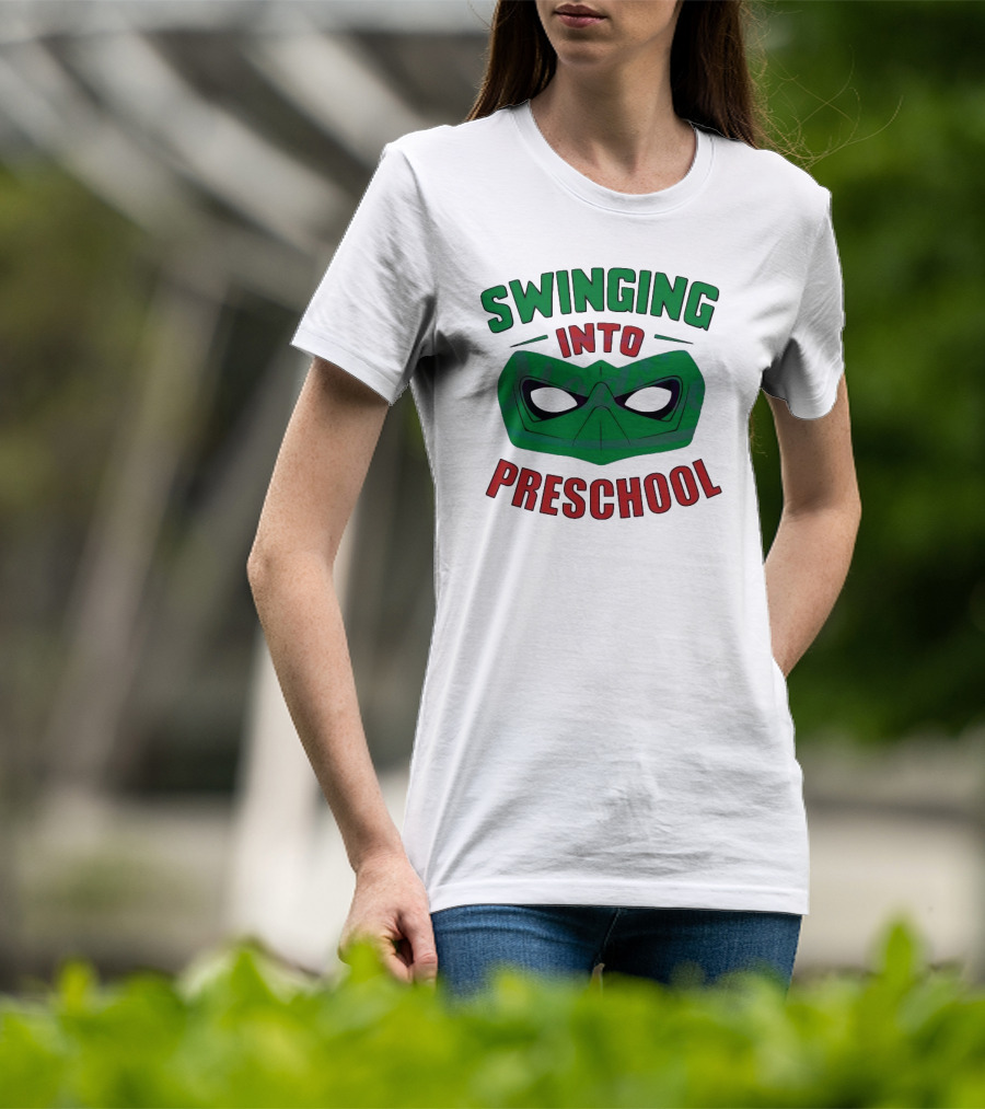 Swinging Into Preschool Green Superhero Mask T-Shirt