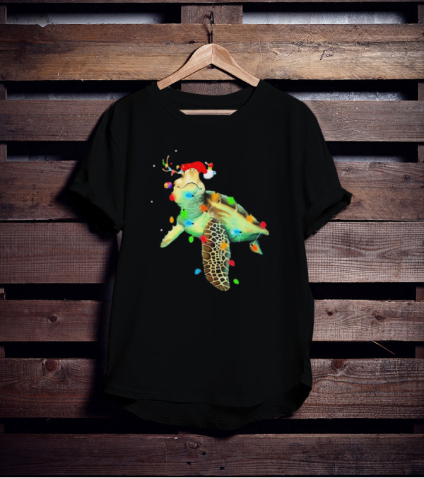 Sea Turtle Christmas Lights Santa Hat Merry Christmas T-Shirt