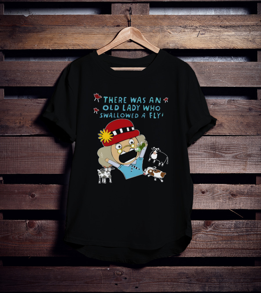 There Was An Old Lady Who Swallowed A Fly Black Funny Cartoon With Animals T-Shirt