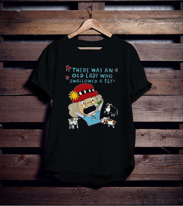 There Was An Old Lady Who Swallowed A Fly Black Funny Cartoon With Animals T-Shirt