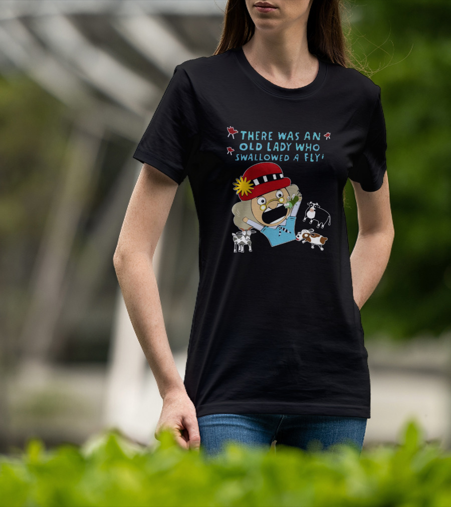 There Was An Old Lady Who Swallowed A Fly Black Funny Cartoon With Animals T-Shirt