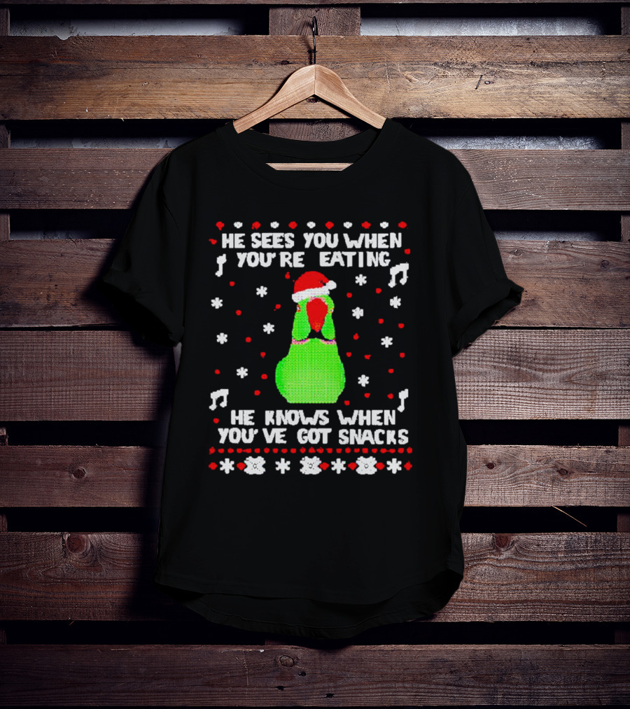 Parrot Ugly Christmas He Sees You When You’re Eating He Knows When You’ve Got Snacks T-Shirt
