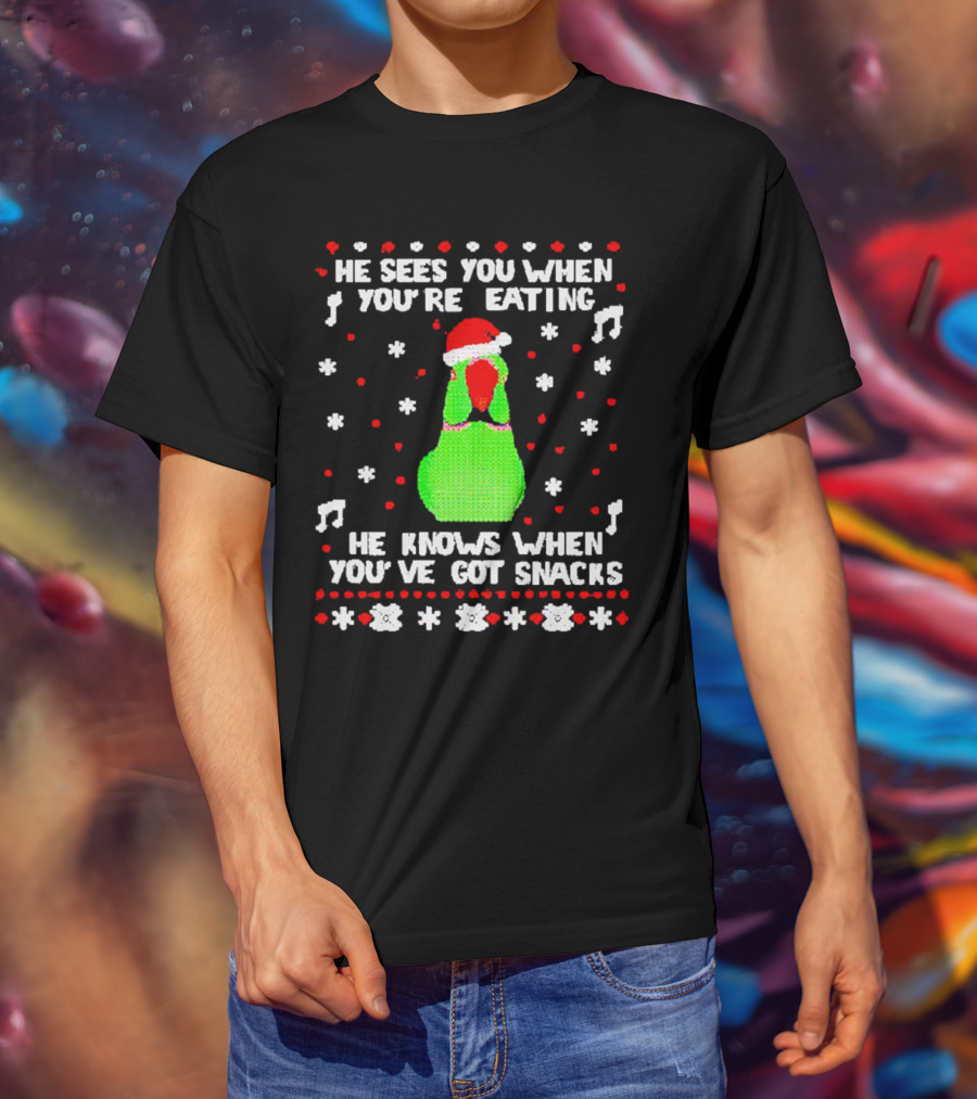 Parrot Ugly Christmas He Sees You When You’re Eating He Knows When You’ve Got Snacks T-Shirt