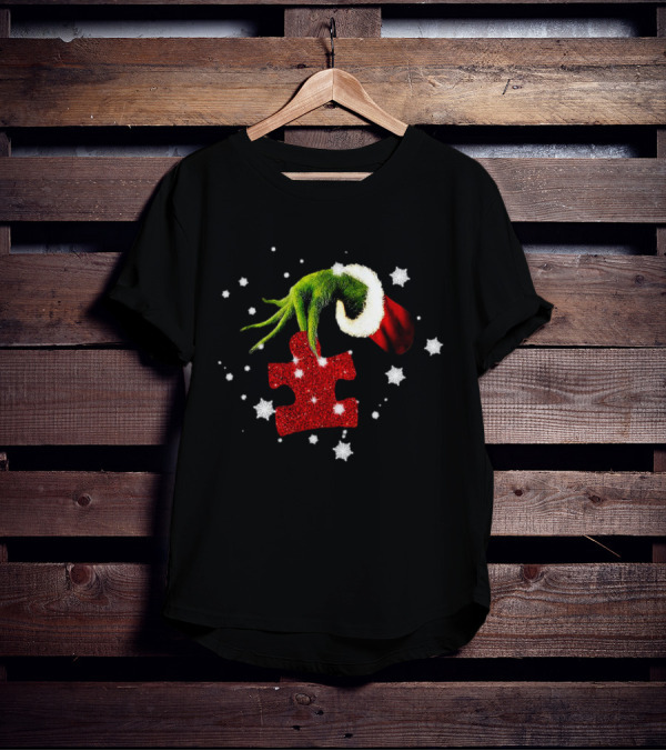 Grinch Hand Holding Red Glitter Puzzle Piece Autism Christmas Snowflakes T-Shirt