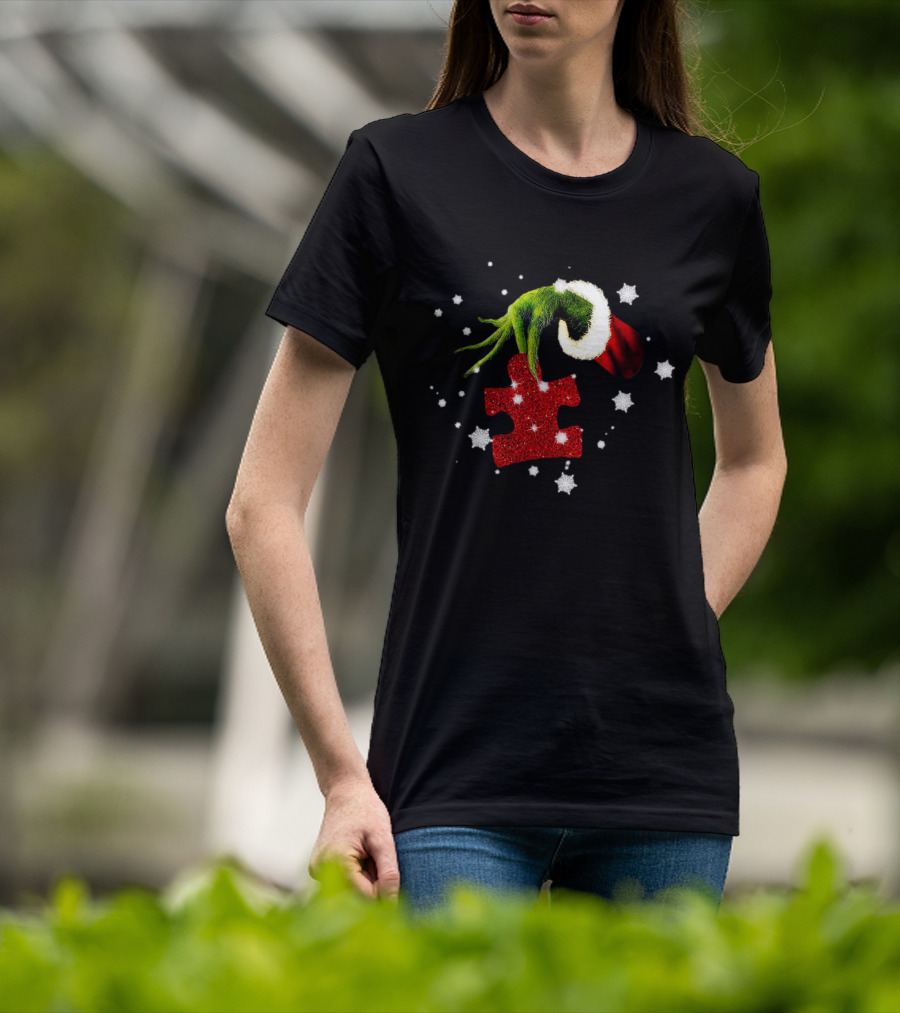 Grinch Hand Holding Red Glitter Puzzle Piece Autism Christmas Snowflakes T-Shirt