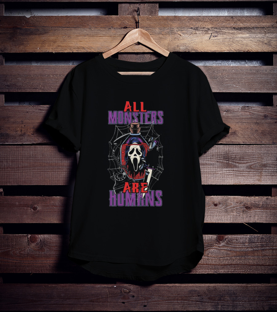 All Monsters Are Human Ghostface Spider Web And Knife T-Shirt