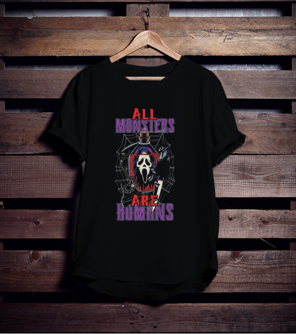 All Monsters Are Human Ghostface Spider Web And Knife T-Shirt